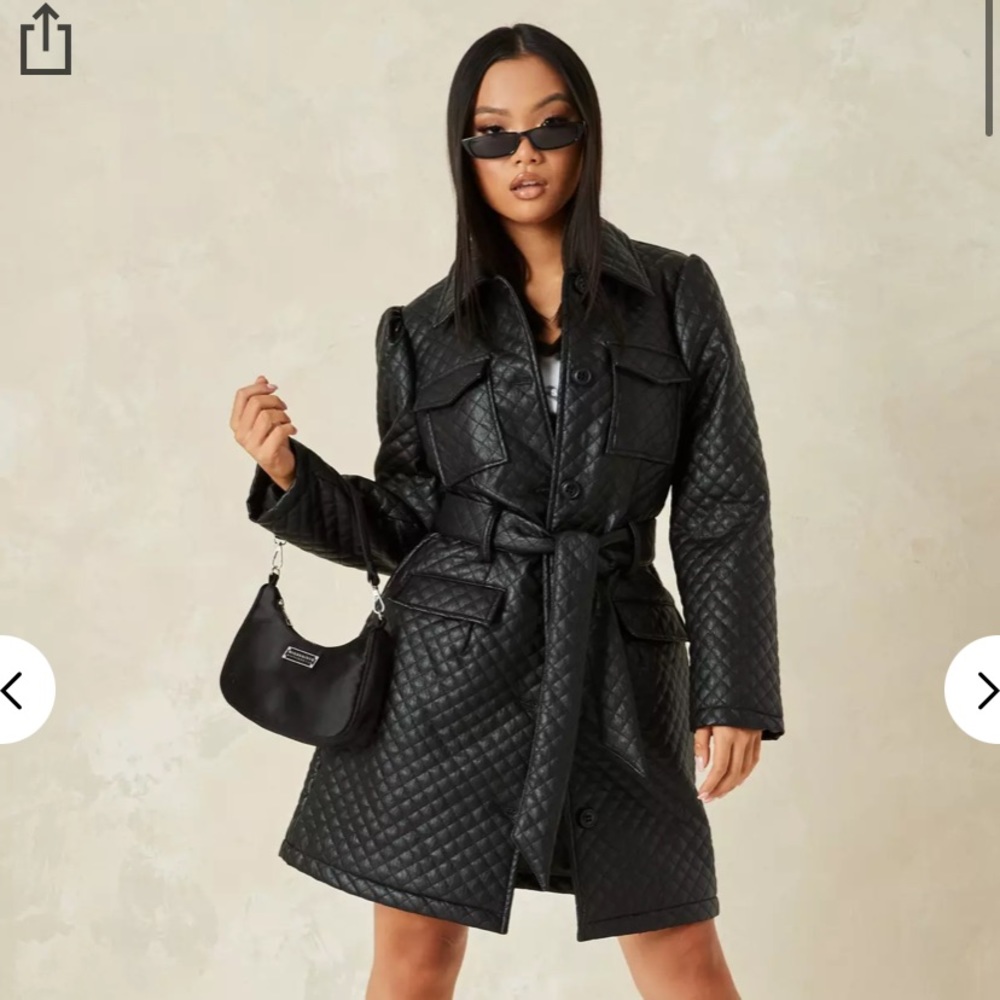 black faux leather quilted belted midi coat